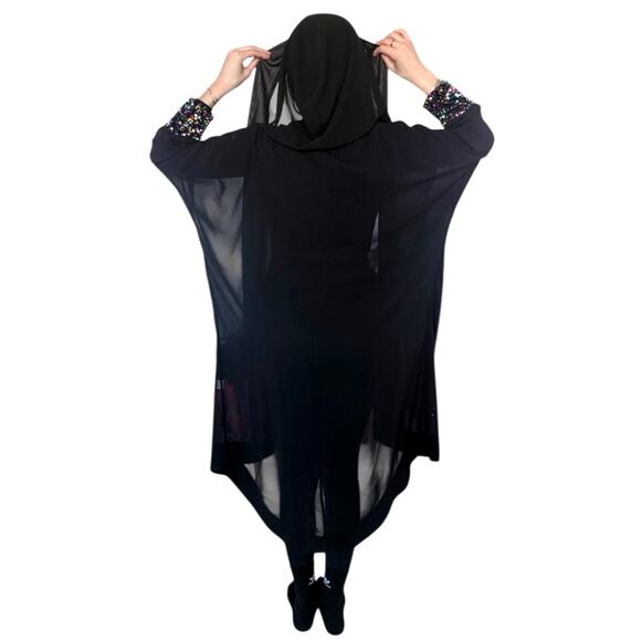 Sheer Hooded Open Kimono Glitter Sequin Cuffs. Black. Fits Small-Large Festival - Picture 5 of 9